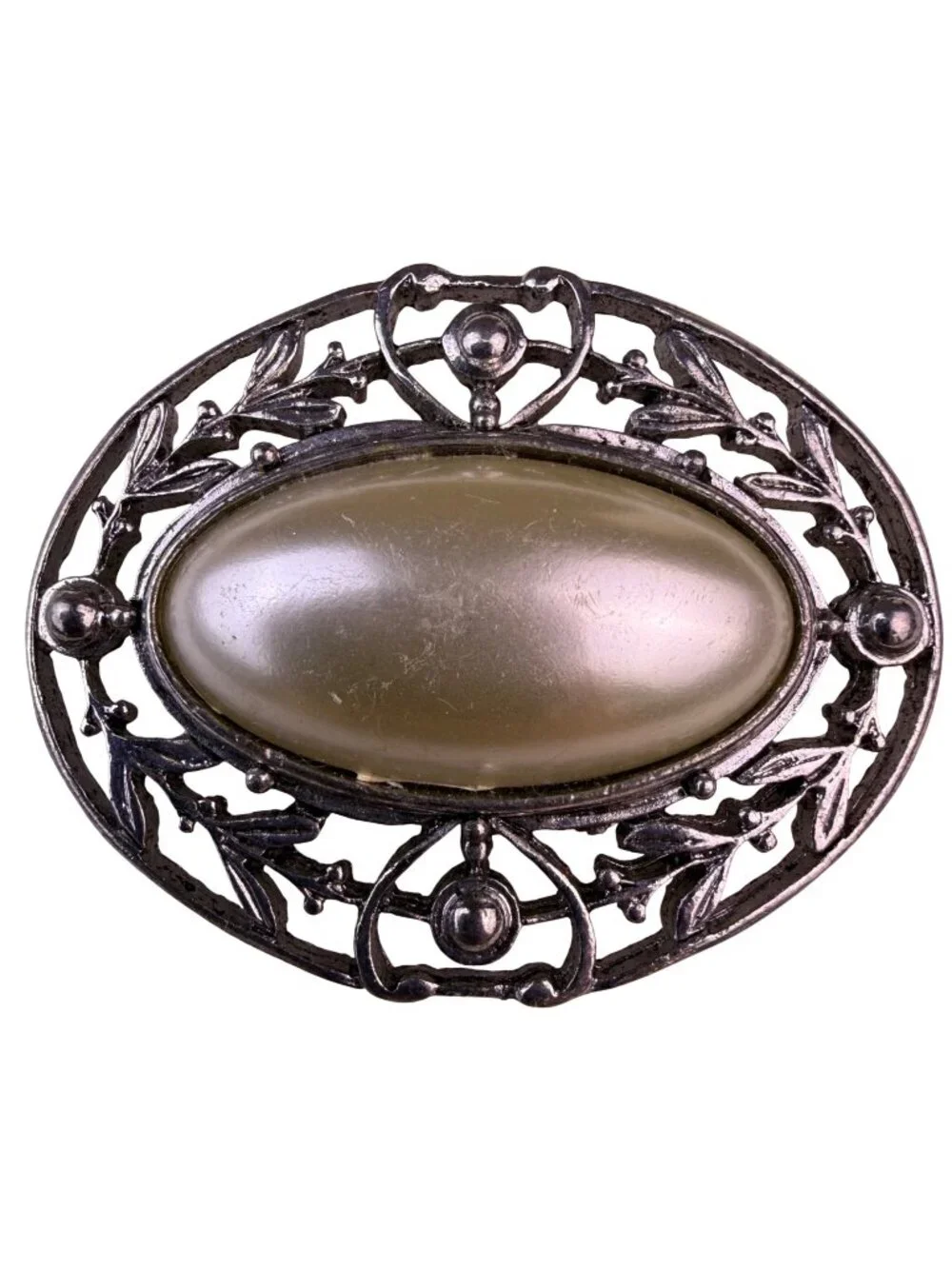 Vintage Womens Silver Tone Metal Oval Filigree Brooch Faux Pearl